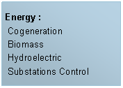 Caixa de Texto: Energy : Cogeneration
 Biomass
 Hydroelectric Substations Control