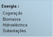 Caixa de texto: Energia : Cogerao
 Biomassa Hidroelctrica Subestaes