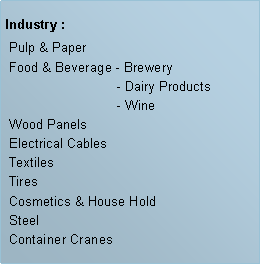 Caixa de texto: Industry :  Pulp & Paper
 Food & Beverage - Brewery		    - Dairy Products		    - Wine	
 Wood Panels Electrical Cables
 Textiles
 Tires
 Cosmetics & House Hold
 Steel Container Cranes