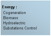 Caixa de texto: Energy : Cogeneration
 Biomass
 Hydroelectric Substations Control